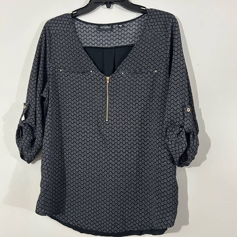 tempted womens black chevron print zip neck 3/4 sleeve tunic top size M
